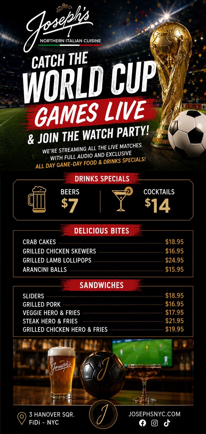 Joseph's restaurant flyer promoting live World Cup games with drink specials and food menu in NYC.